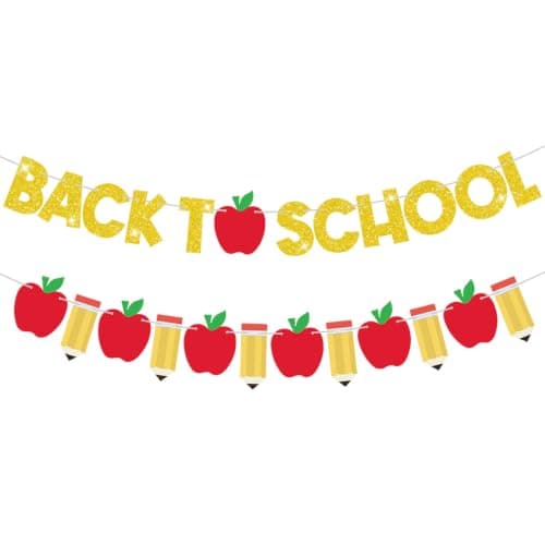 2 PCs Pre-Strung Back to School Banner First Day of School Decorations Gold Glitter Letters Apple Pencil Garland for Classroom Teacher Appreciation Bulletin Board Supplies