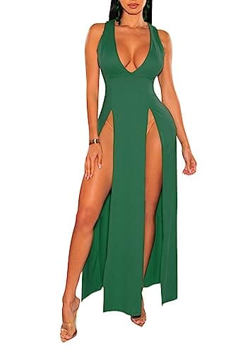 Sexy Maxi Dress for Women Sleeveless High Split Deep V Neck Long Tank Dress
