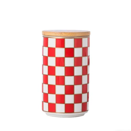 XYQXYQ Kitchen Countertop Ceramic Checkered Canisters,Black And White Food Storage Containers With Lid,Airtight Kitchen Canisters for Flour, Sugar, Coffee, Tea, and Dry Goods (Red, Large)