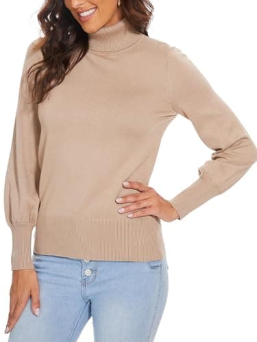 Spicy Sandia Women's Turtleneck Sweater Long Balloon Sleeves Casual Dressy Knit Pullover Tops Fall Winter Trendy Camel XL