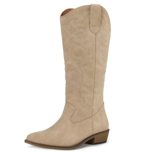 mysoft Women's Cowboy Boots Mid Calf Western Embroidered Pointed Toe Chunky Heel Pull On Cowgirl Boots Fit Medium Wide Width