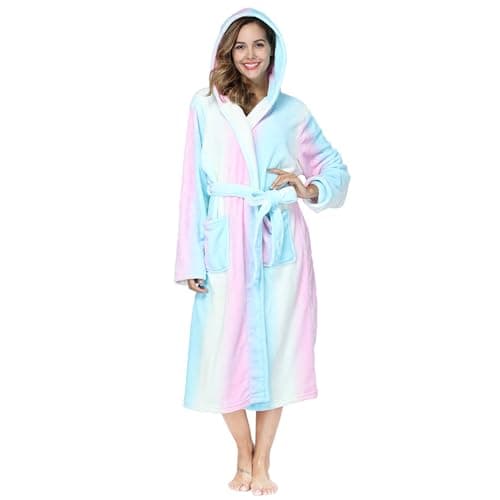 RONGTAI Soft Fleece Hooded Bathrobe for Women, Shawl Collar, Long Length, Side Pockets, Print Design (M, rainbow), Medium