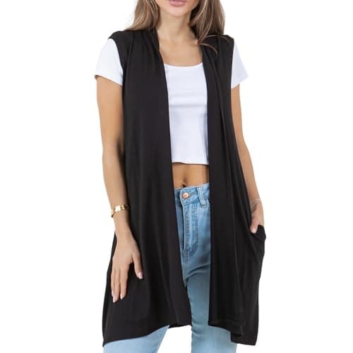 Azules Sleeveless Cardigan for Women with Side Pockets, Lightweight Duster Open Front Sleeveless Long Cardigan Vest Black