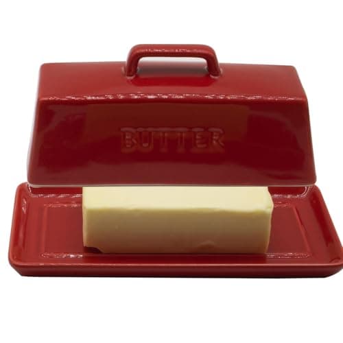 MKYHBOO Ceramic Butter Dish With Lid for Countertop, Covered Butter Holder With Lid, Red Butter Container, Butter Tray With Handle