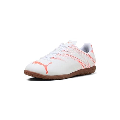 Puma, Unisex-Child, ATTACANTO Indoor Training Soccer Shoes, Puma White-Glowing Red, Big Kid 11