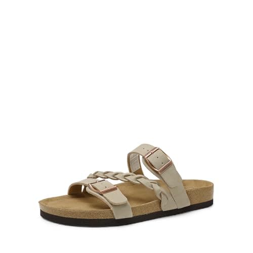 DREAM PAIRS Women's Slides Soft Cork Footbed Sandals Comfortable Walking Slip-on Flat Sandals Arch Support Adjustable Buckle Braided Straps Slippers,Size 7.5,Beige,DWUMSS2547
