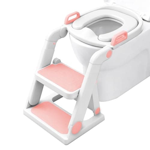 BABY JOYCE Potty Training Seat with Ladder, Pre-Assembled Toddler Toilet Seat with Steps for Boys Girls, 2-in-1 Potty Seat with Foldable Step Stool, Anti-Slip Pad & Splash Guard, Pink