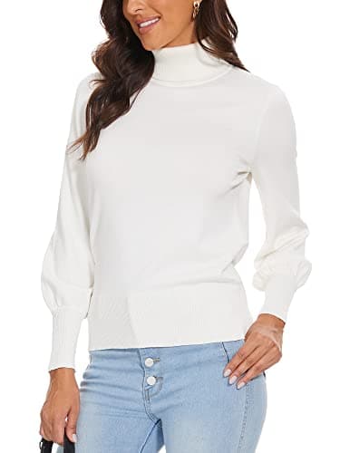 Spicy Sandia Women's Turtleneck Sweater Long Balloon Sleeves Casual Dressy Knit Pullover Tops Fall Winter Trendy White XXL