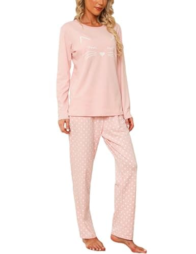 EISHOPEER Women's Cotton Pajama Set Long Sleeve Top & Pants Sleepwear Pjs Sets Pink XX-Large
