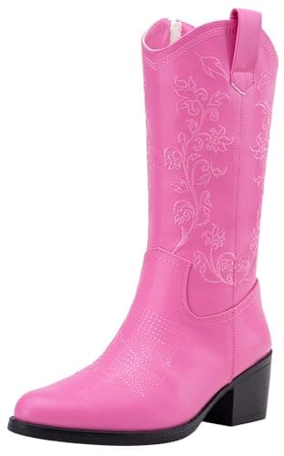 Vepose Pink Cowboy Boots for Women Embroided Cowgirl Boots 9803 Western Mid-Calf Pull on Pointed Toe Shoes for Ladies with Inside Zipper Size 7 (CJY9803 Pink 07)