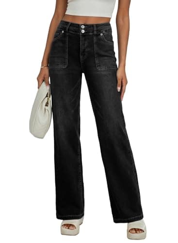 EVALESS Women's Jeans High Waisted Straight Leg Stretchy Jeans Trendy 2025 Casual Loose Wide Leg Zimbaplatinum Denim Pants Trousers with Pockets Black Size 12