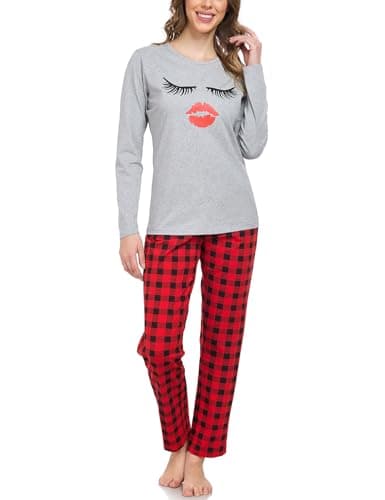 EISHOPEER Women's 2 Pieces Cotton Long Pajamas Red Lip Top and Red Plaid Pants Loungewear Pj Set Red Plaid Small