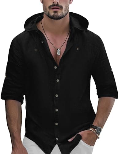 OYOZONE Pure Linen Shirts for Men Long Sleeve Mens Linen Button Down Shirts Hemp Shirts for Men Black