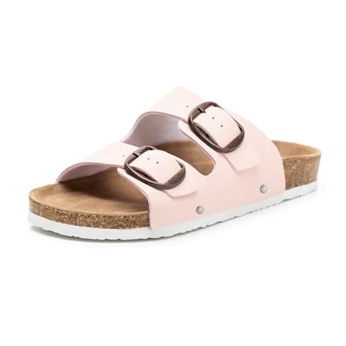 FITORY Womens Flat Sandals with Cork Footbed, Open Toe Arch Support Slides Adjustable Slip On Slippers for Summer 2026 Pink Size 7
