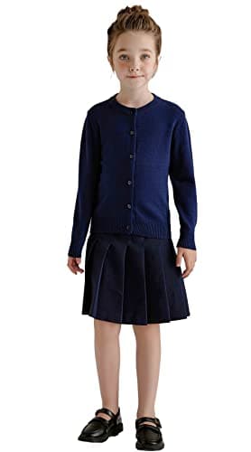 SMILING PINKER Girl School Uniform Sweater Anti-Pill Cotton Cardigan Crew Neck(Navy Blue,6-7 Years)