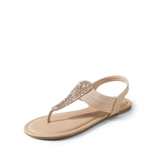 DREAM PAIRS Women's Elastic Strappy String Thong Ankle Strap Summer Gladiator Sandals,Size 5,Nude,SPPARKLY