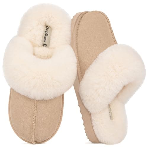 EverFoams Women's Genuine Leather Wool House Slippers Beige,9-10 US