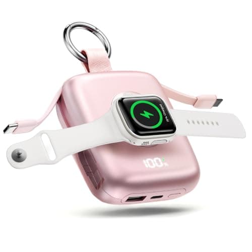 Portable Charger, 10000mAh 22.5W Max Fast Charging Power Bank with Built in Cables, Travel Essentials Keychain Battery Pack for iPhone 17/16/15/14/13/12 and iWatch Ultra/11/10/9/8/7/6/5, Pink