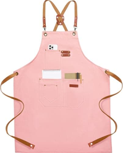 KACHUAN BEAR Chef Aprons for Men Women with 4 Large Pockets, Cotton Canvas Cross Back Adjustable Apron for Work grilling kitchen gardening (pink)