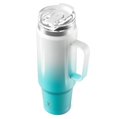 Meoky 40oz Tumbler with Handle, Stainless Steel Travel Mug with 2-in-1 Straw and Sip Lid, Vacuum Insulated Coffee Mug, 100% Leak Proof, Keeps Cold for 34 Hours or Hot for 10 Hours (Azure)