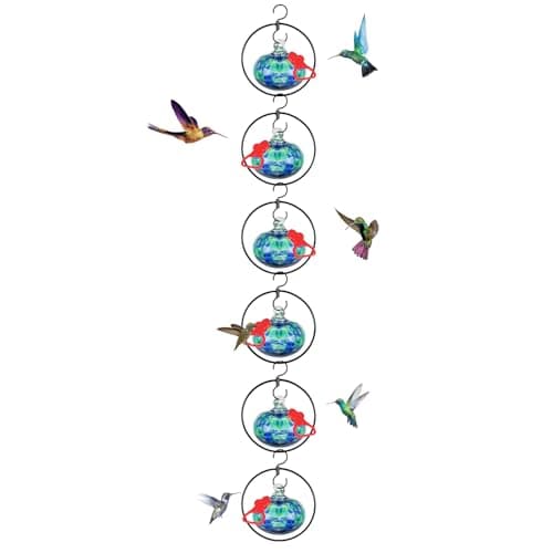 Headak Life 6 Pack Circular Hummingbird feeders for Outdoors Hanging,Hand Blown Glass Hummingbird Feeder with 6 Adjustable Silicone Perch,Never Leak,Gardening Gifts for Woman Man(Blue)