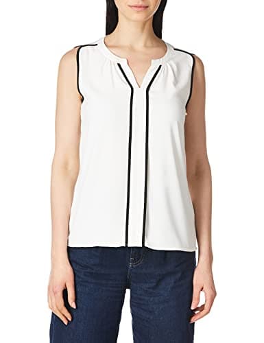 Calvin Klein Women's Sleeveless V-Neck Suiting Blouse, Eggshell/Black, S
