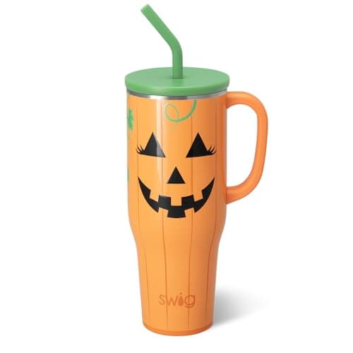 Swig Life 40oz Mega Mug, Halloween 40oz Tumbler with Handle and Straw, Extra Large Insulated Tumblers, Cup Holder Friendly Travel Mug (Boo Crew Pumpkin)