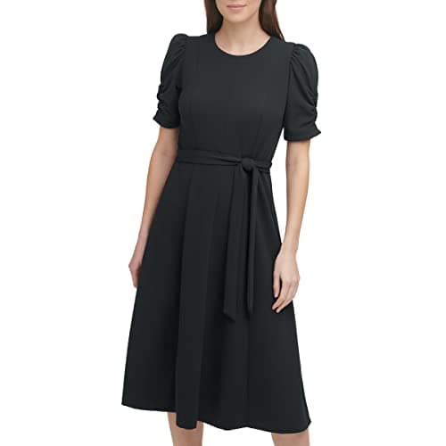 DKNY Womens Knot Sleeve Midi Shirt Dress, Blk/Blk Slvr, 4 US