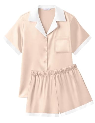 Ekouaer Womens Silk Satin Pajamas Set Short Sleeve Sleepwear Button Down Loungewear 2 Piece Champagne Pjs Shorts Set M