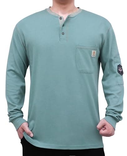 BOCOMAL FR Shirts for Men CAT2 5.5oz Green Henley Shirts Flame Resistant Fire Retardant Long Sleeve Shirt