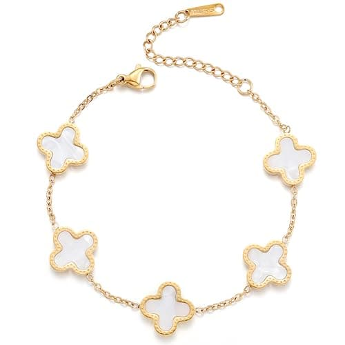 TICVRSS 18K Gold Plated Clover Bracelet for Women Lucky Simple Four leaf Bracelets Cute Colorful Bracelets Trendy Jewelry Gifts for Women (White)