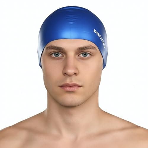 Dizokizo Silicone Swim Cap for Women and Men, Glossy Non-Slip Swimming Caps for Long and Short Hair, Durable Waterproof 3D Ergonomic Design Swim Hats for Adults, Keep Hair Dry (Blue)