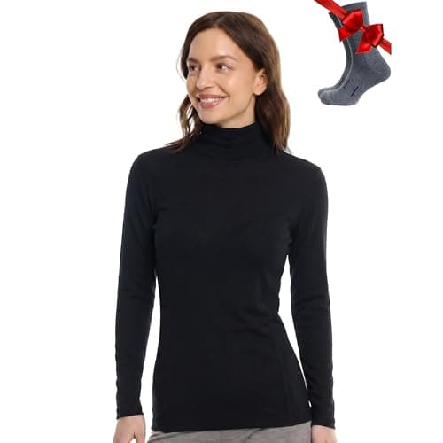 Merino Wool Base Layer Women Turtleneck - Merino Wool Sweater Women - High Neck, Low Neck Long Sleeve Pullover Thermal Shirt (Medium, 260 Black Low Neck)