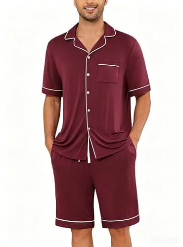 Veseacky Men Pajama Set for Summer Soft Modal Mens Short Pjs Set with Pockets Premium Gift for Husband Father (Wine Red,M)