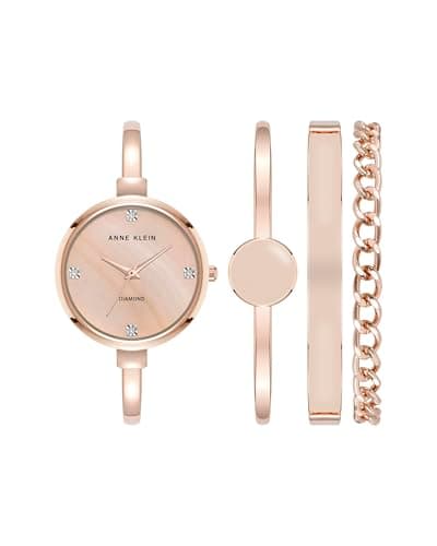 Anne Klein Women's Lab Grown Diamond Accented Bangle Watch and Bracelet Set, AK/5142