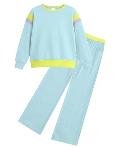 JiAmy Girls Clothing Sets 2 Piece Color Block Sweatsuit Long Sleeve Stylish Tops and Pants Clothes Blue 7-8 Years