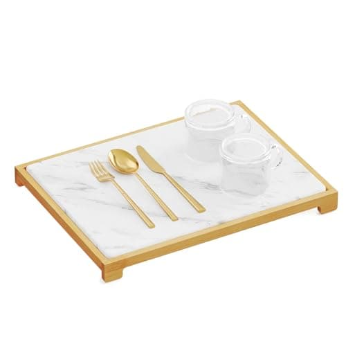 SpaceAid Bamboo Rack Dish Pad, Instant Dry Diatomaceous Earth Mat for Kitchen Counter, Stone Dish Fast Drying Mat Board (15.8 x 11.8 inch, White Marble)