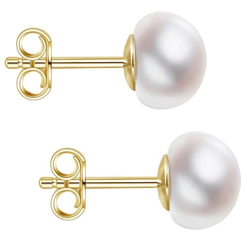 Impalsory 9-10mm Button Pearl Stud Earrings for Women, Gold Plated Silver
