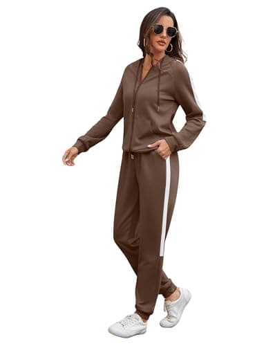 Marvmys Womens Full Zip-up Hoodie Tracksuit Set Two Piece Sweatsuit Color Block Long Sleeve Jogging Suit 2 Piece Outfit Brown XL