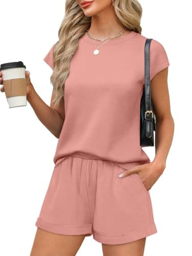 WIHOLL Vacation Outfits for Women Beach Casual Summer Outfits 2 Piece Sets Plain T Shirts Coral 2XL