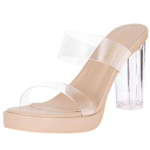 Heels Charm Women's Platform Heels Clear Chunky Block Heeled Sandals Open Toe Two Strap Slip On Block High Heel Sandal Dress Dancing Sandals Daily Work Party Shoes Nude Size 9