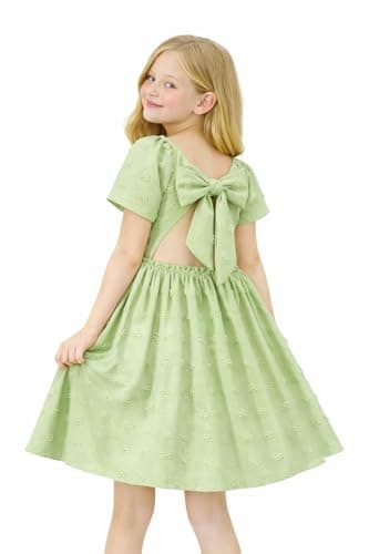 HILEELANG Girls Sage Green Summer Dress Bow Tie Back A-Line Party Dress for Little Big Girls Short Sleeve Dress with Lining 6-12 Years