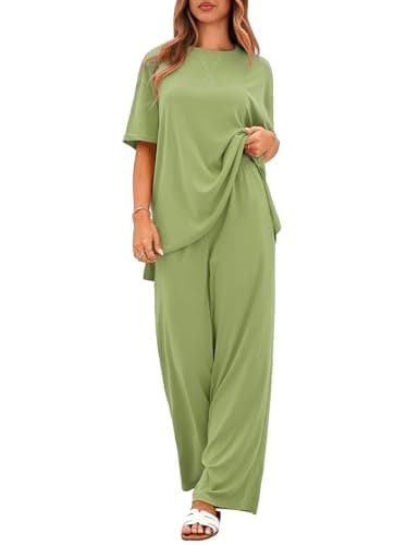 Totatuit Womens Plus Size Lounge Set Casual Summer Two Piece Spring Short Sleeve Tracksuit Wide Leg Airport Clothing Women's Beach Vacation Clothes Light Green Medium