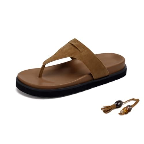 QIY Thong Sandals for Women Suede Brown Fringe Thong Slide Arch Support Flip Flops for Women Platform Open Round Toe Lightweight Slip on Shoes With Bohemian Bead Tassel Summer Beach Sandals Size 7