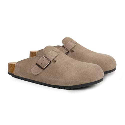 EVELLYHOOTD Women's Men's Suede Clogs Leather Mules Cork Footbed Sandals Comfort Potato Shoes with Arch Support(with Socks)(Size Runs Small),Camel