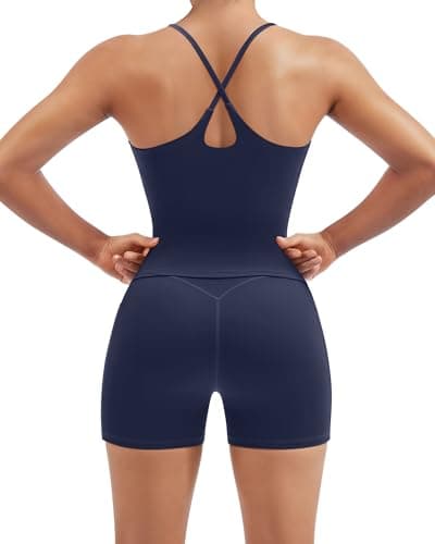 SUUKSESS Women 2 Piece Workout Sets Padded Gym Yoga Tank Top High Waisted Biker Shorts with Pockets Compression Gym Sets(Navy Blue, M)