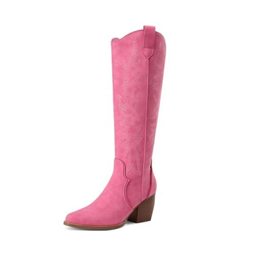 DREAM PAIRS Womens Cowboy Boots Wide Calf Comfortable Pull On Zipper Chunky Heel Pointed Toe Embroidered Western Cowgirl Knee High Boots Ladies Retro Tall Boot,Size 5,Hot Pink,SDKB224W