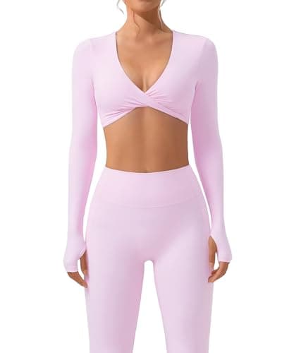 SUUKSESS Women 2 Piece Workout Sets Long Sleeve Twist Deep V Crop Padded Tops Yoga Leggings with Side Pockets (Light Pink, S)