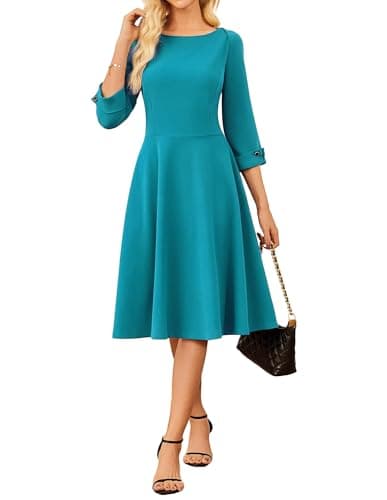 GRACE KARIN Business Casual Dress for Women Wear to Work A Line Midi Dress Elegant Work Dresses with Pockets Blue 2XL