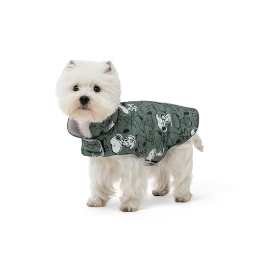 Berkshire Peanuts® Microfleece Dog Coat, Warm Fleece Dog Jacket with Waterproof Shell, Hook & Loop Design for Small, Medium, or Large Dogs (Extra Large, Medium Happy Day Snoopy Walk Dark Sage)